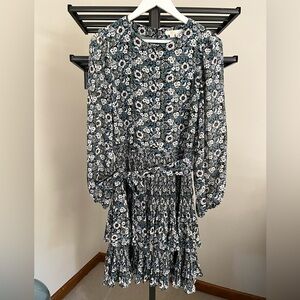 Boden plisse mini dress tiered skirt chiffon long sleeve ruffles floral Size 8R